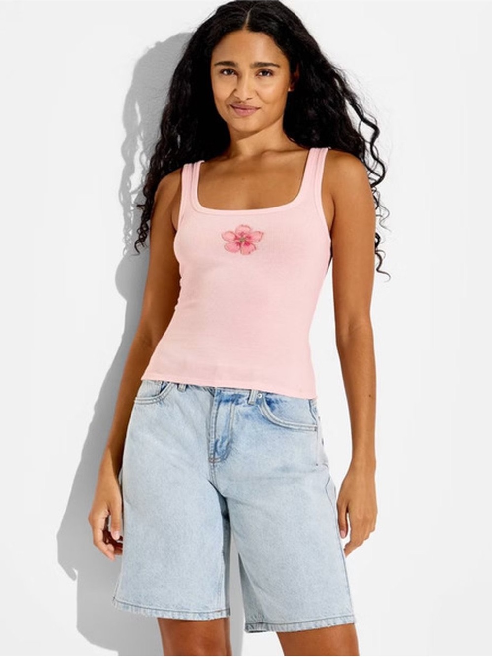 Pink beaded flower Square-Neck Tank Top